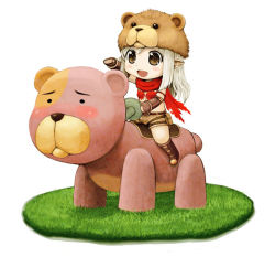 Rule 34 | 1girl, bear hat, blush, boots, brown eyes, brown footwear, brown gloves, brown shorts, chibi, commentary request, fingerless gloves, full body, gloves, grass, long hair, looking at viewer, migorz, open mouth, pointy ears, ragnarok online, ranger (ragnarok online), riding, saddle, screw, shorts, teddy bear (ragnarok online), white background, white hair