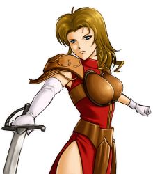 Rule 34 | 1girl, armor, blonde hair, blue eyes, breastplate, closed mouth, gensou suikoden, gensou suikoden i, gloves, long hair, looking at viewer, rakusai (saisai garou), shoulder armor, simple background, solo, sword, valeria (suikoden), weapon, white background, white gloves