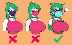 Rule 34 | 1girl, ahegao, ahoge, armpit crease, arms at sides, bare shoulders, bdsm, black eyes, blue choker, blue mask, bondage, bound, breasts, breath, choker, cleavage, collarbone, commentary, cropped torso, gag, gagged, green hair, highres, jam-orbital, large breasts, long hair, mask, mouth mask, multiple masks, multiple views, no pupils, orange background, original, pink mask, pink shirt, restrained, rope, shirt, simple background, speech bubble, surgical mask, swept bangs, tank top, tight clothes, tight shirt, upper body, yellow mask