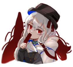 Rule 34 | 1girl, arknights, black collar, black hat, black sweater, collar, cropped torso, cross, cross necklace, food, hair between eyes, hat, head tilt, highres, holding, holding food, infection monitor (arknights), jacket, jewelry, long hair, looking at viewer, necklace, official alternate costume, one-hour drawing challenge, popsicle, red eyes, retxoxt, simple background, solo, specter (arknights), specter (undercurrent) (arknights), sweater, upper body, white background, white hair, white jacket