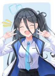 Rule 34 | 1girl, absurdly long hair, absurdres, aris (blue archive), black hair, black skirt, blue archive, blue halo, blue necktie, blush, closed eyes, collared shirt, double v, facing viewer, halo, highres, jacket, long hair, long sleeves, necktie, one side up, open mouth, rieatco, shirt, skirt, smile, solo, v, very long hair, white jacket, white shirt