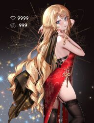 Rule 34 | 1girl, absurdres, backless dress, backless outfit, bare arms, bare back, bare shoulders, black thighhighs, blonde hair, blue eyes, commentary, dress, english commentary, garter straps, genshin impact, highres, long hair, looking at viewer, navia (genshin impact), red dress, ringeko-chan, sleeveless, sleeveless dress, smile, solo, sparkle, standing, thighhighs, thighs, very long hair
