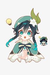 Rule 34 | 1boy, aqua eyes, artist name, beret, black bow, black bowtie, black hair, blue gemstone, blue hair, blush stickers, bow, bowtie, braid, buttons, capelet, collared capelet, flower, gem, genshin impact, genshin impact sticker redraw (meme), gradient hair, green capelet, green hat, hair between eyes, hands up, hat, hat flower, highres, lamp, leaf, leaf hat ornament, long sleeves, looking at viewer, male focus, meme, multicolored hair, open mouth, peek a boo 2002, puffy long sleeves, puffy sleeves, shirt, short hair, simple background, solo, striped bow, striped bowtie, striped clothes, teeth, twin braids, upper body, venti (genshin impact), white background, white flower, white shirt