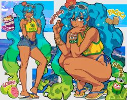 1girl aqua_eyes aqua_hair bikini bikini_under_clothes brazilian_flag brazilian_miku dark-skinned_female dark_skin exposed_pocket flip-flops guarana_antarctica hatsune_miku havaianas highres kiwii_line portuguese_commentary sandals snack sunglasses swimsuit tan tanline