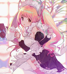 Rule 34 | 1girl, apron, backlighting, black dress, black sleeves, blonde hair, brown eyes, commentary, cup, detached sleeves, dress, frilled dress, frilled sleeves, frills, from side, hair ribbon, hayama eishi, highres, holding, holding cup, holding teapot, long hair, looking at viewer, maid, maid apron, maid headdress, open mouth, original, pink ribbon, plant, ribbon, short dress, sleeveless, sleeveless dress, standing, teacup, teapot, thighhighs, twintails, white apron, white thighhighs