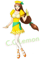 Rule 34 | 1girl, blue eyes, bracelet, breasts, brown hair, c.c. lemon, c.c. lemon (character), cleavage, dragon@harry, dress, food, fruit, hat, highres, jewelry, lemon, long hair, necklace, open mouth, shirt, skirt, solo, taut clothes, taut shirt, thighhighs, yellow dress, yellow skirt
