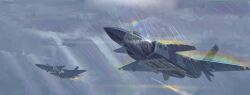 Rule 34 | absurdres, afterburner, air-to-air missile, aircraft, airplane, chinese commentary, cloud, fighter jet, highres, j-20, jayatn ljzcy, jet, military vehicle, no humans, original, people&#039;s liberation army, people&#039;s liberation army air force, rain, rainbow, scenery, vehicle focus