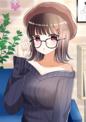 Rule 34 | 1girl, :o, adjusting eyewear, bad id, bad pixiv id, bare shoulders, beret, black-framed eyewear, black sweater, blurry, blurry background, blush, breasts, brick wall, brown hair, brown hat, cat hair ornament, collarbone, couch, depth of field, fingernails, glasses, hair ornament, hairclip, hand up, hat, highres, indoors, long sleeves, medium breasts, nail polish, off-shoulder sweater, off shoulder, original, parted lips, pink nails, red eyes, ribbed sweater, ryoutan, sleeves past wrists, solo, sweater, upper body