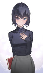 Rule 34 | 1girl, absurdres, black eyes, black hair, black sweater, blush, book, breasts, cowboy shot, eyebrows hidden by hair, gradient background, grey skirt, hand on own chest, highres, holding, holding book, jewelry, kuonji alice, long sleeves, looking at viewer, mahou tsukai no yoru, medium breasts, necklace, parted lips, sapysha, short hair, skirt, solo, sweater, white background