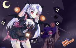 Rule 34 | 10s, 1girl, 2015, artist name, bat wings, breasts, candy, cleavage, crescent moon, eden (sennen sensou aigis), food, garter straps, glowing, glowing eyes, halloween, hat, highres, jack-o&#039;-lantern, lantern, leaning forward, looking at viewer, maid, maid headdress, moon, natsumiya yuzu, pale skin, pointing, pointing up, pointy ears, red eyes, sennen sensou aigis, signature, skeleton, small breasts, solo, staff, thighhighs, twintails, vampire, wings, witch hat, zettai ryouiki