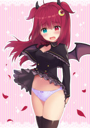 Rule 34 | 1girl, absurdres, bat wings, black capelet, black dress, blush, bow, bow panties, breasts, brown thighhighs, brown wings, capelet, clothes lift, commentary request, dress, dress lift, fang, frilled capelet, frilled dress, frills, green eyes, highres, long hair, long sleeves, mocchisake, neck ribbon, nijisanji, open mouth, outline, panties, petals, print panties, purple panties, red bow, red eyes, red hair, red ribbon, ribbon, skindentation, small breasts, solo, sparkle, star (symbol), star panties, star print, striped, striped background, tears, thighhighs, two side up, underwear, very long hair, virtual youtuber, white outline, wind, wind lift, wings, yuzuki roa