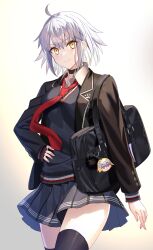 Rule 34 | 1girl, absurdres, ahoge, blush, breasts, fate/grand order, fate (series), fuyuki (neigedhiver), grey hair, highres, jeanne d&#039;arc alter (avenger) (fate), jeanne d&#039;arc alter (fate), large breasts, long sleeves, looking at viewer, school uniform, short hair, skirt, smile, solo, yellow eyes