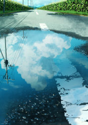 Rule 34 | blue sky, cloud, cloudy sky, commentary, grass, highres, no humans, original, outdoors, papi (papiron100), plant, power lines, puddle, reflection, reflective water, road, scenery, sky, utility pole, water