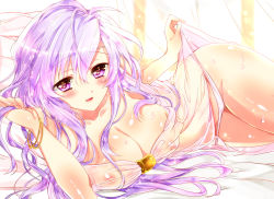 Rule 34 | 1girl, bad id, bad pixiv id, bariko, blush, bracelet, breasts, cleavage, clothes lift, deirdre (fire emblem), dress, dress lift, fire emblem, fire emblem: genealogy of the holy war, jewelry, large breasts, long hair, lying, nintendo, nipples, on side, panties, purple eyes, purple hair, see-through, solo, sweat, underwear, wet, wet clothes