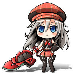 Rule 34 | 10s, 1girl, :&lt;, alisa ilinichina amiella, blue eyes, blush, blush stickers, boots, cabbie hat, chibi, elbow gloves, fingerless gloves, gloves, god eater, hand on own hip, hat, hip focus, hiyori minato, holding, holding weapon, huge weapon, long hair, looking at viewer, navel, pantyhose, silver hair, simple background, skirt, solo, suspender skirt, suspenders, sword, thigh boots, thighhighs, weapon, white background