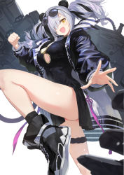 Rule 34 | 1girl, arknights, black dress, black footwear, black hair, black jacket, breasts, china dress, chinese clothes, cleavage cutout, clothing cutout, dress, eyewear on head, feater (arknights), hair over one eye, jacket, large breasts, leg belt, leg up, long sleeves, looking at viewer, mechanical arms, multicolored clothes, multicolored hair, multicolored jacket, open clothes, open jacket, open mouth, purple-tinted eyewear, round eyewear, shoes, simple background, smile, sneakers, solo, standing, standing on one leg, streaked hair, sunglasses, thighs, tinted eyewear, two-tone hair, two-tone jacket, wasabi60, white background, white hair, yellow eyes