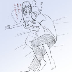 Rule 34 | 1boy, 1girl, aida kensuke, angry, blush, breasts, evangelion: 3.0+1.0 thrice upon a time, holding, hug, hug from behind, long hair, neon genesis evangelion, nightgown, open mouth, pillow, rebuild of evangelion, short hair, sleeping, souryuu asuka langley, sweat, translation request, white eyes