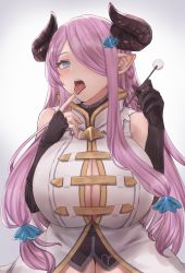 Rule 34 | blue eyes, breasts, cleavage, demon girl, finger to mouth, granblue fantasy, halterneck, highres, horns, large breasts, licking, licking finger, looking at viewer, moshoko (mizuneroku), narmaya (granblue fantasy), naughty face, pink hair, pointy ears, solo, tongue, tongue out
