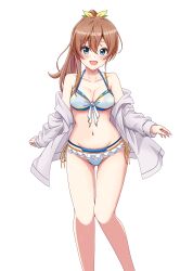 Rule 34 | 1girl, absurdres, arihara tsubasa, bikini, blue eyes, bow, breasts, brown hair, cinderella series, cleavage, feet out of frame, front-tie bikini top, front-tie top, gluteal fold, hachigatsu no cinderella nine, highres, hood, hooded jacket, jacket, long hair, medium breasts, open clothes, open jacket, shinshiro, side-tie bikini bottom, simple background, smile, solo, swimsuit, thigh gap, white background, white bikini, white jacket, yellow bow