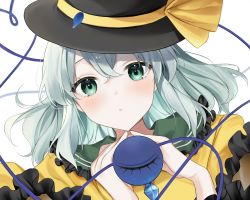 Rule 34 | 1girl, absurdres, black hat, blouse, blush, bow, flua (fee de la), frilled shirt collar, frilled sleeves, frills, green eyes, hair between eyes, hat, hat ribbon, heart, heart of string, highres, komeiji koishi, long sleeves, looking at viewer, parted lips, ribbon, shirt, solo, third eye, touhou, upper body, white background, yellow bow, yellow ribbon, yellow shirt