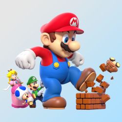 Rule 34 | 1girl, 3boys, angry, blonde hair, blue eyes, blue toad (mario), brick block, brick wall, brown hair, crown, dress, earrings, facial hair, gloves, goomba, hat, highres, jewelry, kicking, luigi, mario, mario (series), multiple boys, mustache, nintendo, official art, official style, overalls, pink dress, princess peach, super mario 3d world, surprised, toad (mario)