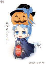 Rule 34 | 1girl, alternate costume, big head, blue eyes, blue hair, blush, bow, cape, chibi, cloak, commentary request, dark, dark background, full body, gloves, glowing, gradient hair, hair between eyes, halloween, halloween costume, hat, hat over hat, highres, holding, jack-o&#039;-lantern, kantai collection, lantern, long hair, looking at viewer, mae (maesanpicture), multicolored hair, open mouth, paper lantern, pumpkin, pumpkin hat, ribbon, samidare (kancolle), short bangs, simple background, solo, translation request, twitter username, very long hair, witch hat