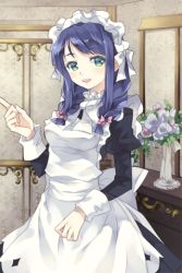 Rule 34 | 1girl, apron, blue hair, bow, breasts, flower, frills, green eyes, long hair, lowres, maid, maid apron, maid headdress, open mouth, pointing, ribbon, seron (sword girls), solo, sword girls
