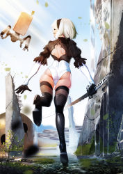Rule 34 | 1girl, absurdres, android, ass, black dress, blindfold, boots, breasts, dress, feather-trimmed sleeves, hairband, high heel boots, high heels, highres, ilhobus, large breasts, nier (series), nier:automata, puffy sleeves, short hair, silver hair, solo, soul calibur, soulcalibur vi, sword, thigh boots, thighhighs, weapon, 2b (nier:automata)