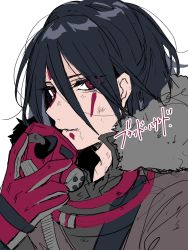 Rule 34 | 1other, androgynous, animification, apex legends, bad id, bad twitter id, black hair, bloodhound (apex legends), character name, facepaint, fur trim, grey jacket, hair behind ear, hair between eyes, highres, holding, holding mask, jacket, looking at viewer, mask, parted lips, portrait, rebreather, red eyes, shirasu uni, solo, white background