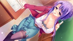 Rule 34 | 1girl, belt, black thighhighs, blouse, blush, book, bra, breasts, buttons, chalk, chalkboard, cleavage, dutch angle, game cg, highres, holding, huge breasts, jacket, lace, lace-trimmed bra, lace trim, long hair, love love life, love love live, office lady, open book, open clothes, open jacket, open mouth, purple eyes, purple hair, rubi-sama, shirt, shizaki yukari, sidelocks, skirt, solo, table, teacher, thighhighs, underwear