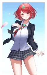 Rule 34 | 1girl, absurdres, alternate costume, blazer, blush, border, breasts, chest jewel, closed mouth, diagonal-striped clothes, diagonal-striped necktie, highres, jacket, large breasts, long sleeves, necktie, pyra (xenoblade), red eyes, red hair, school uniform, shirt, short hair, skirt, smile, solo, standing, striped clothes, swept bangs, taro (peach taro51), white border, white shirt, xenoblade chronicles (series), xenoblade chronicles 2