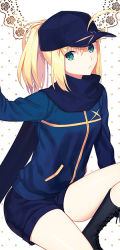 Rule 34 | 1girl, :/, ahoge, arm up, artoria pendragon (all), artoria pendragon (fate), baseball cap, black footwear, black shorts, blonde hair, blue hat, blue jacket, blue scarf, boots, closed mouth, cross-laced footwear, expressionless, fate/grand order, fate (series), green eyes, hat, invisible chair, jacket, karinzero, knee boots, knee up, lace-up boots, long hair, long sleeves, looking at viewer, mysterious heroine x (fate), pocket, polka dot, polka dot background, ponytail, saber (fate), scarf, short shorts, shorts, sitting, solo, thighs, track jacket