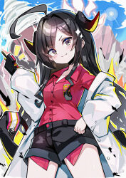 Rule 34 | 1girl, ahoge, black hair, black horns, black shorts, black tail, blue archive, blush, breasts, buttons, closed mouth, coat, collarbone, collared shirt, cowboy shot, demon horns, hair intakes, halo, highres, horns, kasumi (blue archive), lab coat, long hair, looking at viewer, omochishiki, red halo, red shirt, shirt, shirt tucked in, shorts, sleeves past fingers, sleeves past wrists, small breasts, smile, solo, v-shaped eyebrows, walkie-talkie, white coat, yellow eyes
