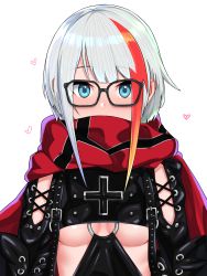 Rule 34 | 1girl, admiral graf spee (azur lane), azur lane, bespectacled, black-framed eyewear, black gloves, blue eyes, blunt bangs, blush, breasts, cape, covered mouth, cross, eyes visible through hair, glasses, gloves, heart, highres, long sleeves, looking at viewer, medium breasts, multicolored hair, nezuko, o-ring, red cape, scarf, scarf over mouth, sidelocks, silver hair, simple background, solo, streaked hair, underboob, upper body, white background