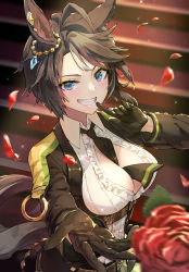 Rule 34 | 1girl, ahoge, animal ears, between breasts, black gloves, black necktie, blue eyes, blurry, blurry background, blurry foreground, breasts, brown hair, brown jacket, character request, commentary request, depth of field, earrings, falling petals, finger to mouth, flower, frills, glint, gloves, grin, hand up, horse ears, horse girl, horse tail, jacket, jewelry, large breasts, light blush, long sleeves, looking at viewer, motion blur, necktie, petals, red flower, red rose, rose, short hair, smile, solo, sparkle, swept bangs, syuri22, tail, umamusume, upper body
