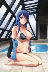 Rule 34 | 1girl, bare shoulders, barefoot, bikini, black bikini, black jacket, blue hair, breasts, cleavage, collarbone, day, din (raiden), full body, gakuen taisen valkyries, glasses, groin, hairband, halterneck, highres, indoors, jacket, large breasts, legs, long hair, long sleeves, looking at viewer, navel, off shoulder, open clothes, open jacket, parted lips, patterned bikini, pink eyes, pool, poolside, print bikini, red hairband, rei no pool, revision, rimless eyewear, sabra greengold, seiza, sitting, solo, stomach, strap gap, swept bangs, swimsuit, thighs, tile floor, tiles, underboob, wariza, water, wet
