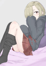 Rule 34 | 1girl, absurdres, black hoodie, black thighhighs, blonde hair, blush, covering own mouth, ear piercing, grey background, hair over one eye, highres, hood, hood down, hoodie, idolmaster, idolmaster cinderella girls, knees together feet apart, kuzuuo, leaning back, looking at viewer, multiple piercings, on bed, oversized clothes, piercing, pillow, plaid, plaid skirt, pleated skirt, red eyes, red skirt, shirasaka koume, short eyebrows, short hair, sitting, skirt, sleeves past fingers, sleeves past wrists, solo, thighhighs, thighhighs pull