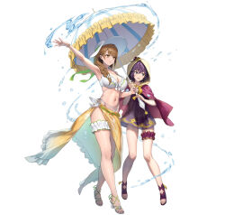 2girls bernadetta_von_varley braid breasts brown_hair cleavage cuboon fire_emblem fire_emblem:_three_houses fire_emblem_engage full_body goldmary_(fire_emblem) grey_eyes hair_ribbon high_heel_sandals high_heels large_breasts long_hair multiple_girls nintendo official_alternate_costume official_art purple_hair ribbon sandals short_hair simple_background tagme third-party_source toeless_footwear white_background white_ribbon yellow_eyes