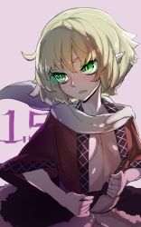 Rule 34 | 1girl, blonde hair, blush, breasts, cleavage, completion time, flat chest, frown, fur trim, green eyes, highres, looking to the side, mizuhashi parsee, open clothes, open mouth, open shirt, partially undressed, pectorals, pink background, pointy ears, scarf, shirt, short hair, simple background, small breasts, solo, thupoppo, touhou, tying