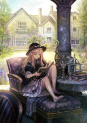Rule 34 | 1girl, asatani tomoyo, black hat, blonde hair, blue eyes, book, bowler hat, chair, chimney, commentary request, day, dress, flower, grass, hat, holding, holding book, house, layered dress, long hair, original, pillar, reading, shoelaces, shoes, short sleeves, sitting, sky, socks, solo, tablecloth, tree, untied footwear, white socks, window