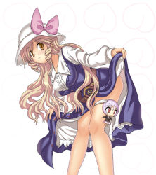 Rule 34 | 1girl, belt, blonde hair, brown eyes, character doll, clothes lift, dress, dress lift, drill hair, female focus, hat, leaning forward, light purple hair, long hair, patterned background, red eyes, reisen, smile, solo, takaku toshihiko, touhou, twin drills, twintails, watatsuki no toyohime