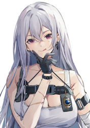 Rule 34 | 1girl, azur lane, bandaged arm, bandages, bare shoulders, black gloves, breasts, chest harness, chest strap, cleavage, collar, douya (233), ear piercing, earrings, gloves, hair between eyes, harness, jewelry, large breasts, long hair, looking at viewer, piercing, police badge, red eyes, scar, scar on arm, silver hair, simple background, solo, sovetskaya rossiya (azur lane), sovetskaya rossiya (the lackadaisical lookout) (azur lane), tank top, white background