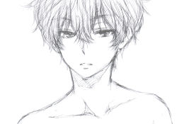 Rule 34 | 10s, 1boy, bare shoulders, bluez, collarbone, expressionless, hair between eyes, hyouka, male focus, monochrome, oreki houtarou, parted lips, portrait, short hair, sketch, solo, upper body, white background