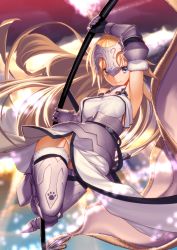 Rule 34 | 1girl, akisa yositake, armor, armored boots, armored dress, bare shoulders, blonde hair, blue eyes, boots, breasts, capelet, fate/apocrypha, fate/grand order, fate (series), faulds, flag, fur trim, gauntlets, headpiece, highres, jeanne d&#039;arc (fate), jeanne d&#039;arc (ruler) (fate), jeanne d&#039;arc (third ascension) (fate), light particles, long hair, looking at viewer, panties, paw print, sleeveless, smile, solo, thighhighs, underwear, white panties