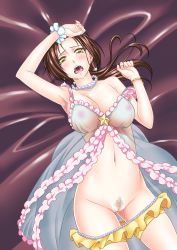 Rule 34 | 10s, 1girl, armpits, babydoll, bare shoulders, bed, blush, bracelet, breasts, brown hair, cleavage, earrings, female pubic hair, highres, idolmaster, idolmaster cinderella girls, jewelry, kawashima mizuki, large breasts, looking at viewer, lying, navel, necklace, nipples, open mouth, panties, panty pull, pubic hair, pussy juice, saliva, see-through, shirihime, solo, tears, uncensored, underwear