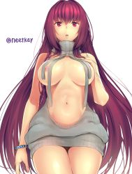 Rule 34 | 1girl, backless dress, backless outfit, blush, bracelet, breasts, cowboy shot, drawstring, dress, fate/grand order, fate (series), highres, jewelry, kii (theory), large breasts, long hair, looking at viewer, meme attire, nail polish, naked sweater, navel, nipple slip, nipples, no bra, purple eyes, purple hair, scathach (fate), scathach (fate), sideboob, signature, simple background, solo, sweater, turtleneck, turtleneck sweater, very long hair, virgin killer sweater, wardrobe error, white background