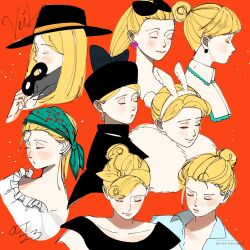 Rule 34 | 1girl, blonde hair, blue shirt, closed eyes, collar, commentary, crumby joy, dated, earrings, emma (veil), english commentary, eye mask, frilled collar, frills, hair bun, hairband, hat, highres, jewelry, multiple views, orange background, ponytail, profile, shirt, simple background, smile, upper body, veil (manga)