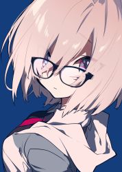 Rule 34 | 1girl, blue background, blue eyes, fate/grand order, fate (series), glasses, hair over one eye, highres, hood, hood down, hoodie, light purple hair, looking at viewer, mash kyrielight, mochizuki kei, necktie, no nose, parted lips, short hair, simple background, solo, upper body, wing collar