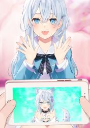 Rule 34 | 1girl, :d, achiki, animal ear fluff, animal ears, black ribbon, blue cardigan, blurry, blurry background, blush, cardigan, cellphone, commentary request, grey hair, hair between eyes, hair ornament, holding, holding phone, long hair, looking at viewer, open mouth, original, phone, ribbon, sailor collar, shirt, sidelocks, smile, tail, white sailor collar, white shirt