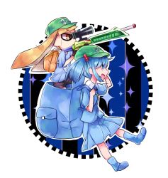 Rule 34 | adapted costume, blue footwear, blue hair, blue shirt, blue skirt, boots, crossover, domino mask, gears, green headwear, gun, inkling, inkling girl, inkling player character, kawashiro nitori, mask, nakukoroni, nintendo, one eye closed, orange hair, rifle, rubber boots, scope, shirt, skirt, smile, sniper, sniper rifle, sparkle, splatoon (series), touhou, two-tone background, weapon